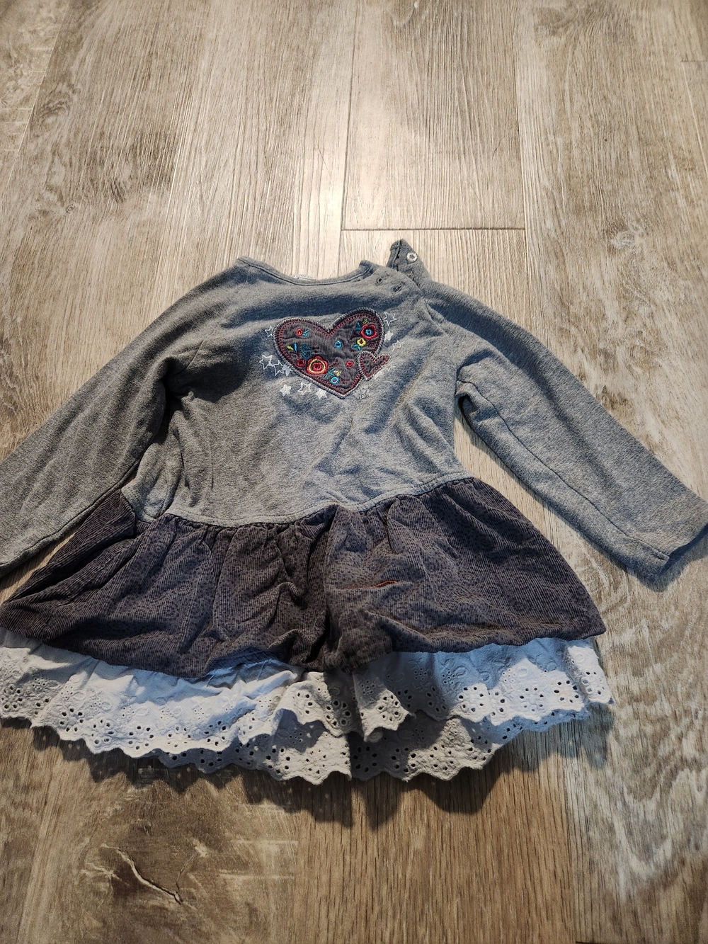 Girls Gray Heart Embroidered Layered Dress